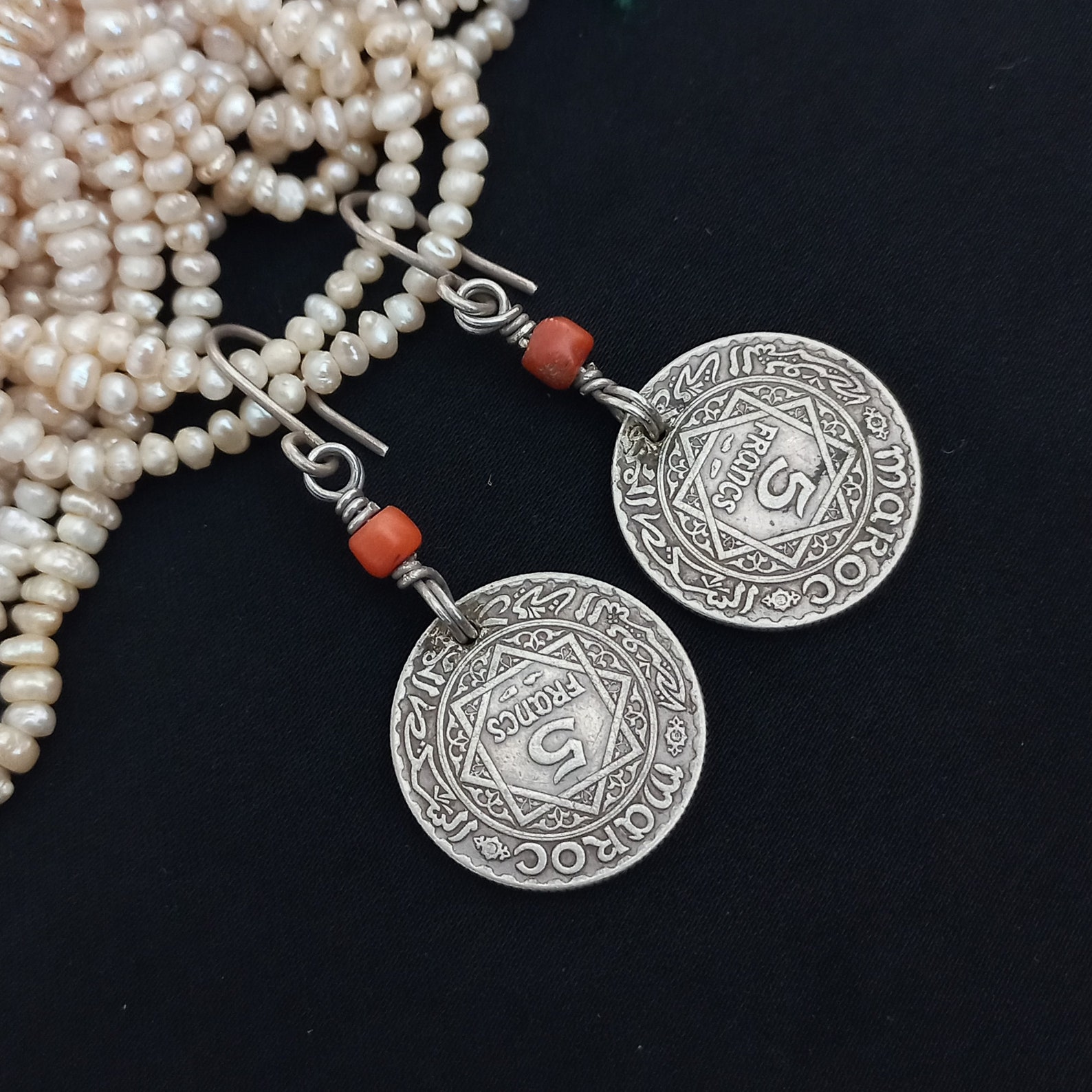 Berber Handmade Silver Coin Earrings with Coral Antique Jewelry Design