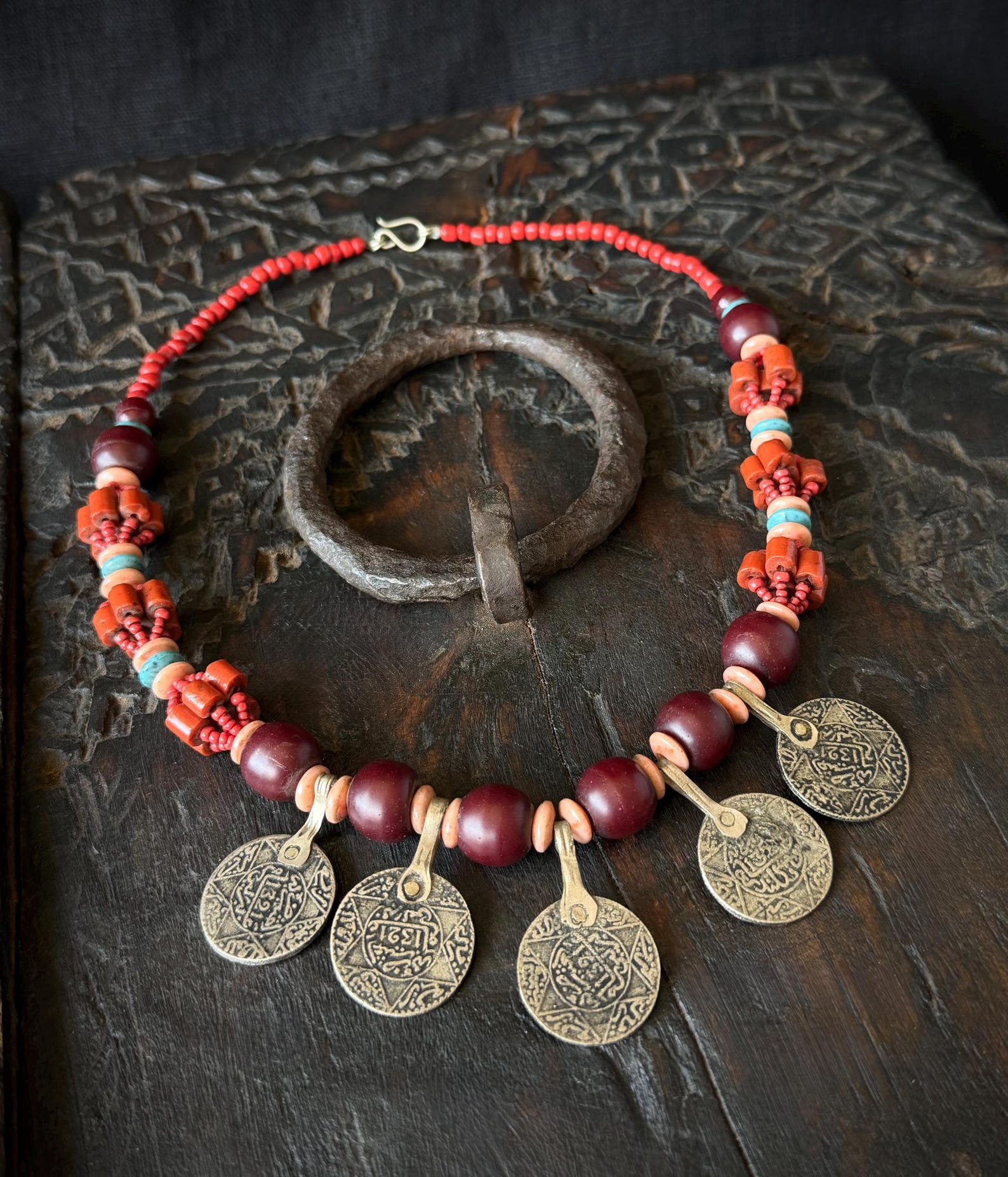 Amazigh Berber Five Coin Beaded Artisan Traditional Necklace