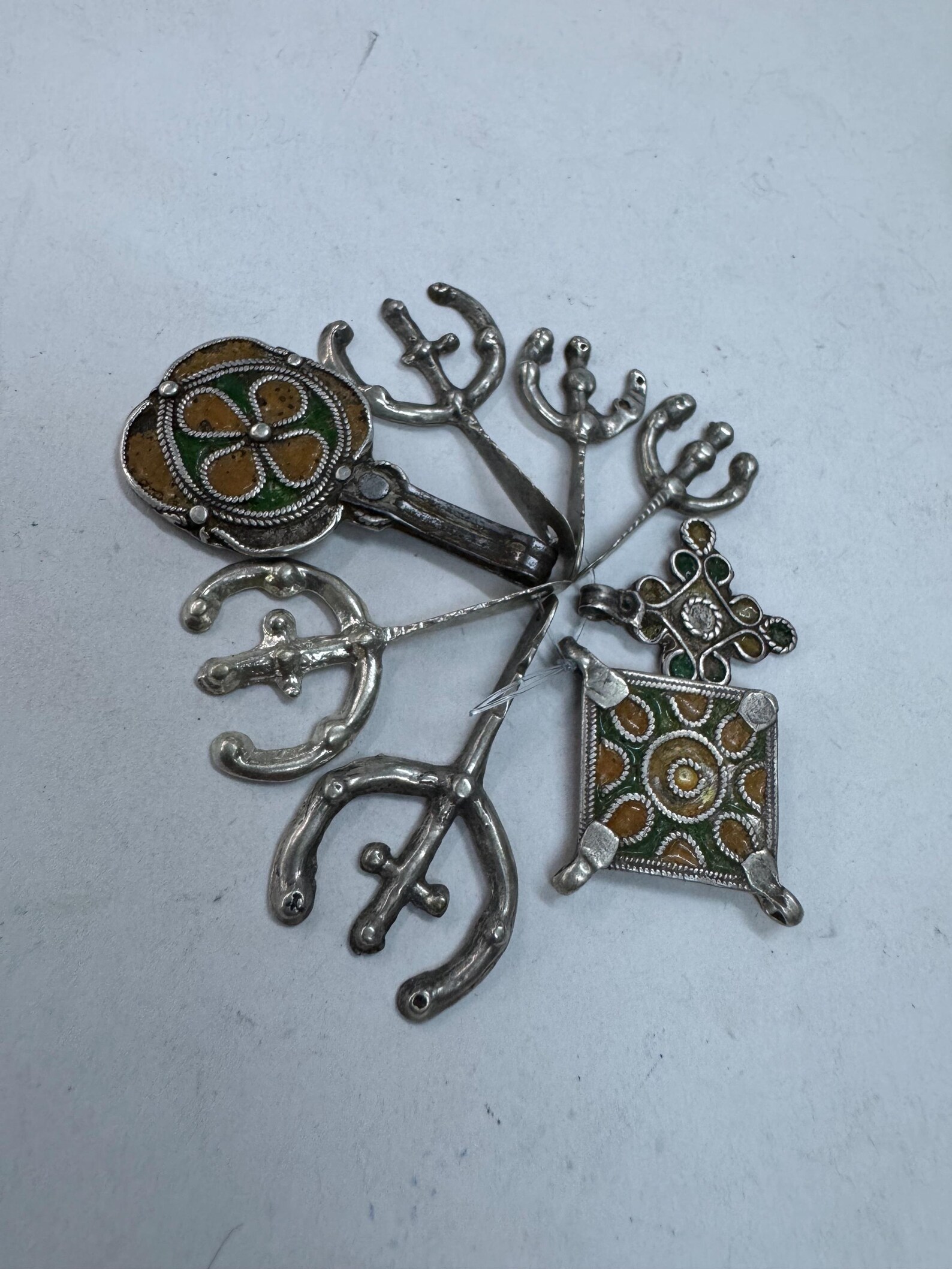 Antique Amazigh Berber Enamel Silver Pendant Necklace with Eight Pendants