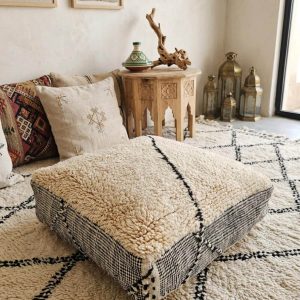 Berber Wool Cotton Pouf Ottoman Floor Accent Black Cream
