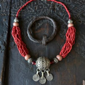 Berber Amazigh Tagmout Necklace with Coral Beads and Silver Pendant