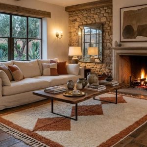 Handwoven Berber Beni Ourain Wool Rug Terracotta Diamond Area Rug