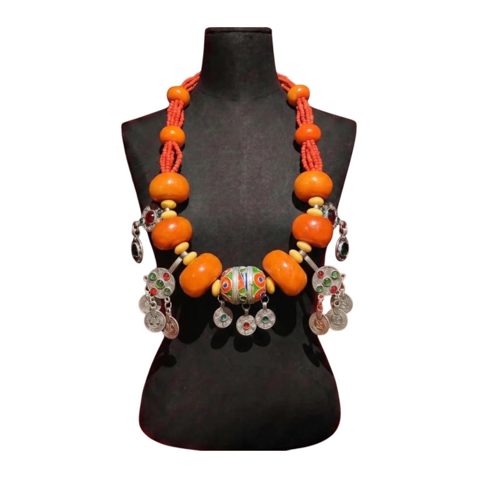 Amazigh Berber Handmade Beaded Statement Necklace with Colorful Charms