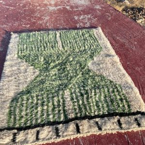 Berber Green Cream Plush Textured Wool Rug Geometric Design