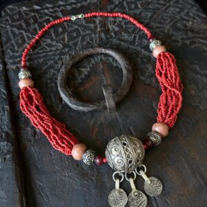 Berber Amazigh Tagmout Necklace with Coral Beads and Silver Pendant