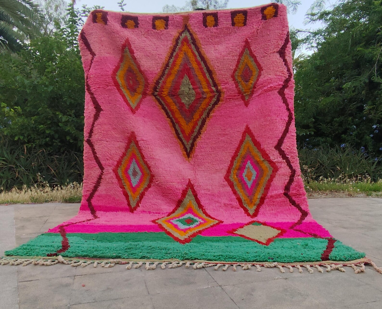 Berber Boujaad Custom Pink Green Geometric Wool Rug