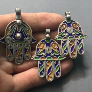 Berber Silver Enamel Khamsa Necklace with Handmade Pendant