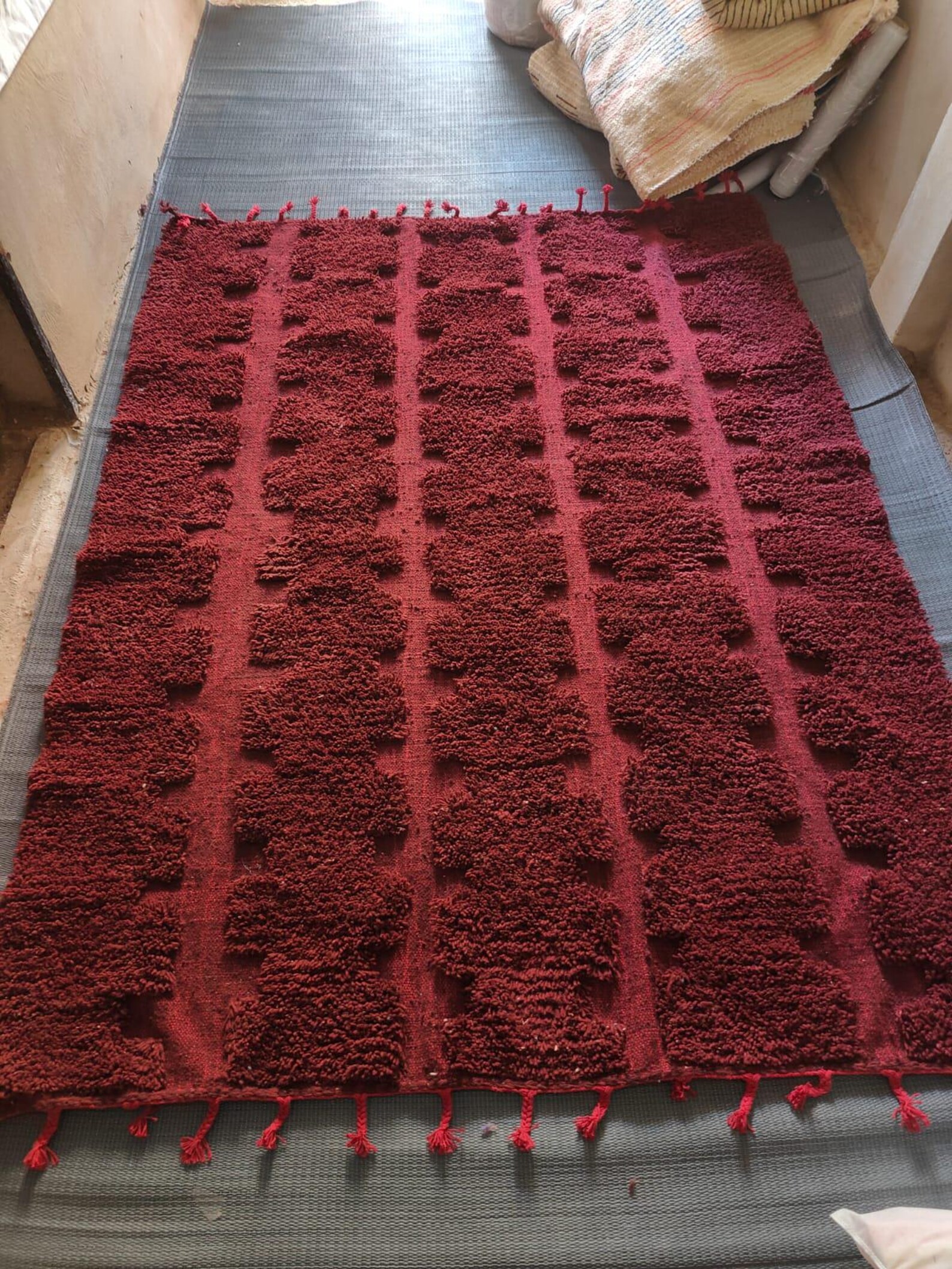 Berber Burgundy Beni Ourain Textured Wool Geometric Rug