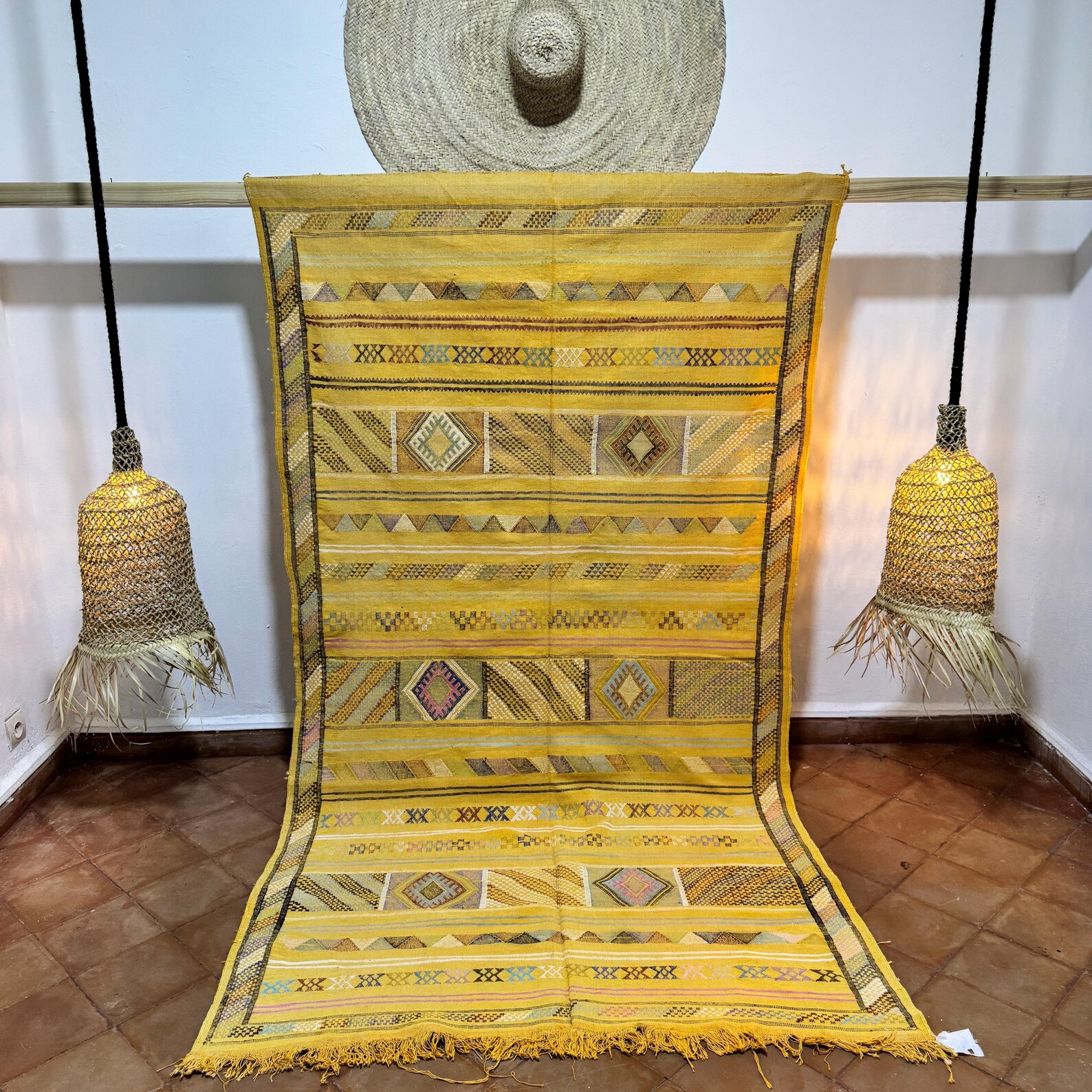 Amazigh Berber Yellow Sabra Kilim Rug with Diamond Motifs