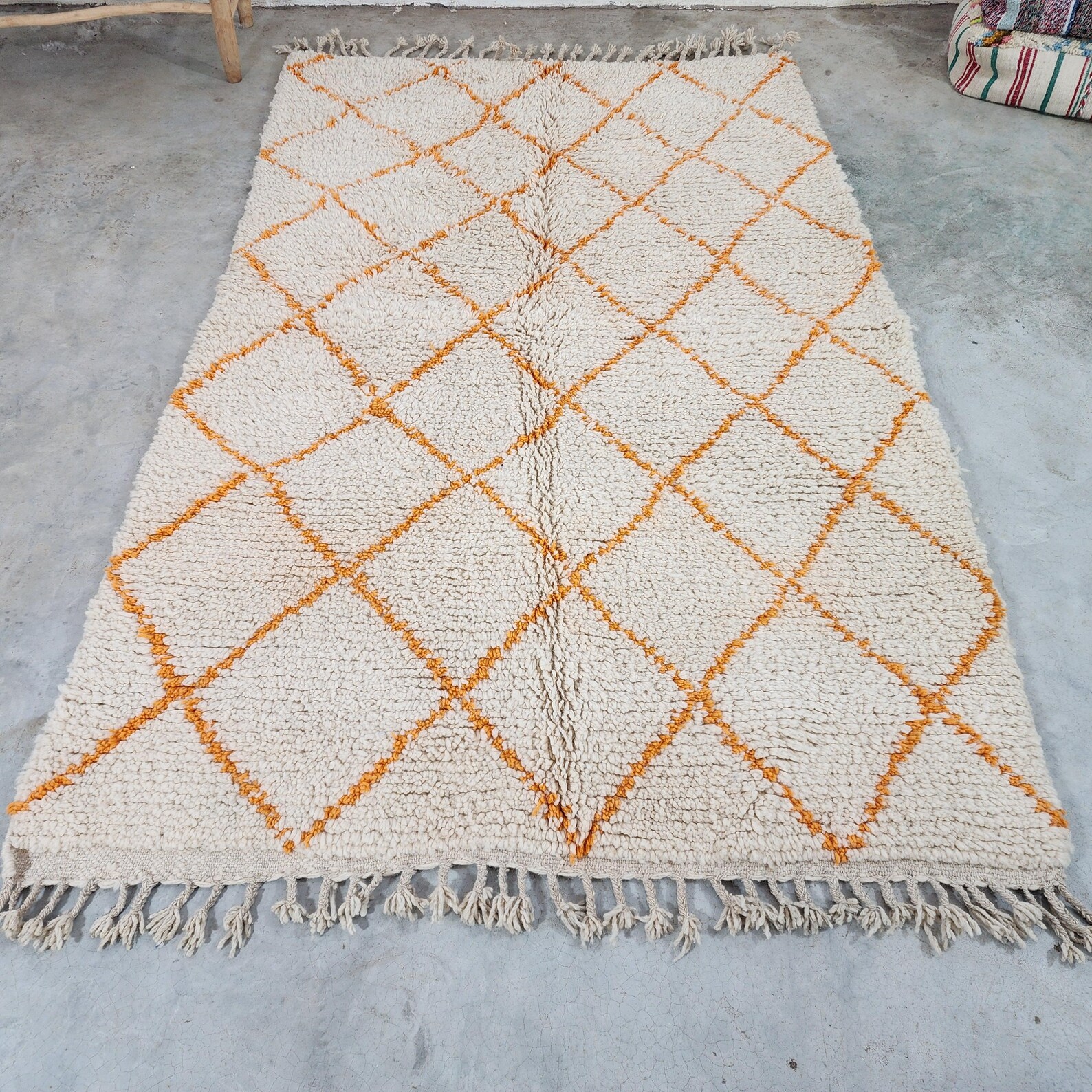 Berber Care Handmade White Wool Rug with Orange Design