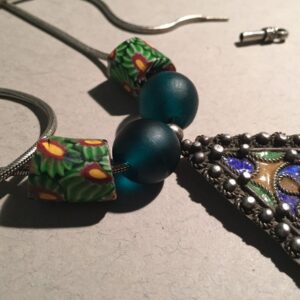 Berber Enamel Silver Pendant Necklace with African Trade Bead Chain