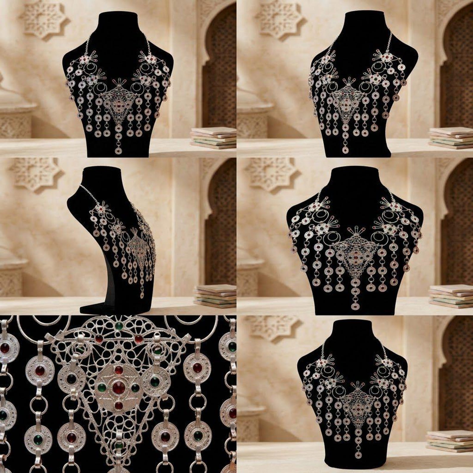 Amazigh Berber Silver Plated Statement Necklace with Tribal Design