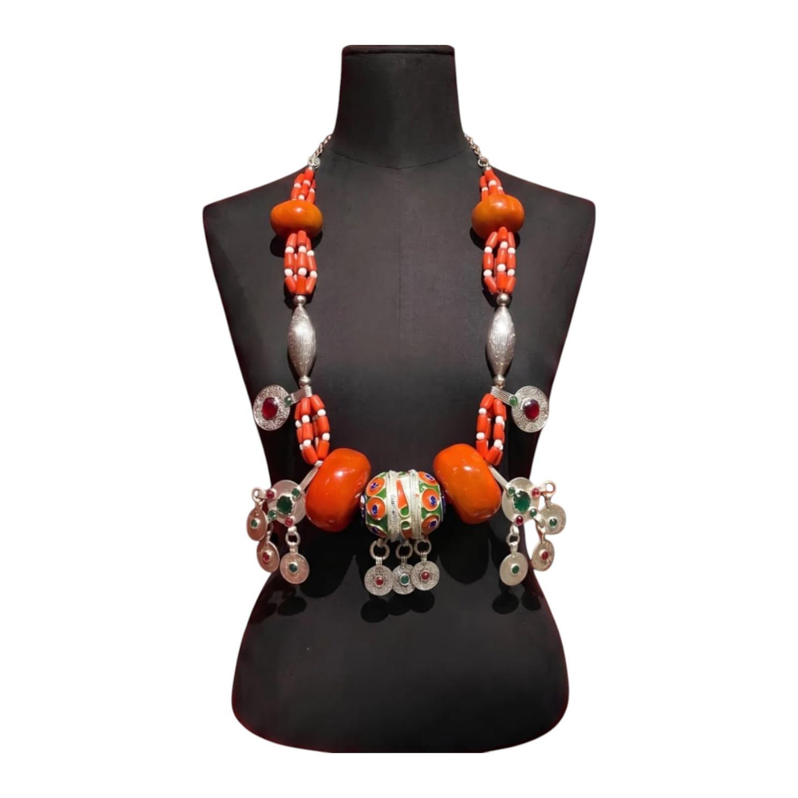 Amazigh Berber Handmade Beaded Statement Necklace with Colorful Charms