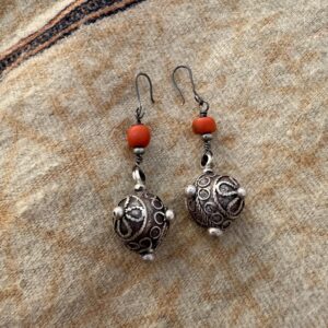 Berber Silver Earrings with Natural Coral Bead Pendants
