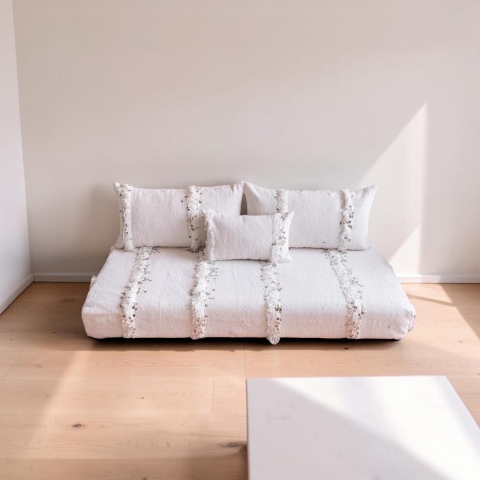 Berber Handmade White Geometric Floor Sofa Seating Pouf