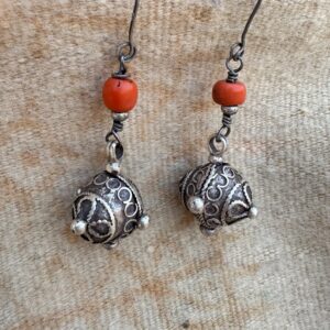 Berber Silver Earrings with Natural Coral Bead Pendants
