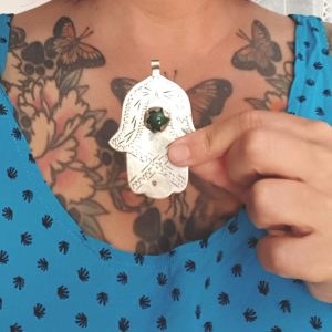 Berber Hamsa Khamsa Silver Pendant Necklace with Green Glass