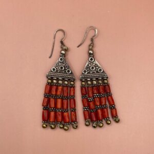 Berber Coral Drop Earrings with Silver Tribal Beaded Design