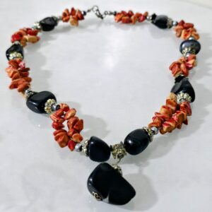 Berber Black Onyx Coral Necklace with Natural Gemstone Beads