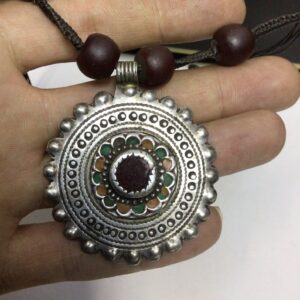 Berber Antique Silver Pendant Necklace with Dark Red Glass Beads