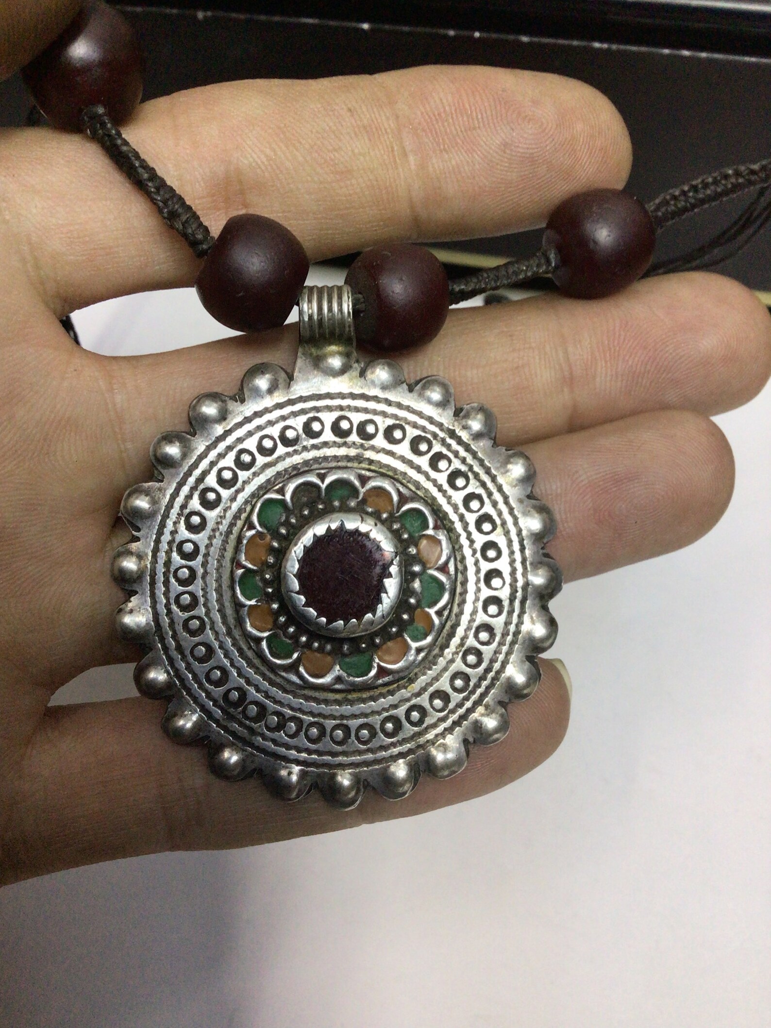 Berber Antique Silver Pendant Necklace with Dark Red Glass Beads