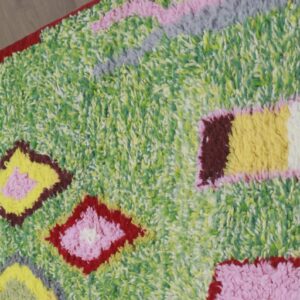 Colorful Amazigh Berber Green Wool Rug With Abstract Geometric Design