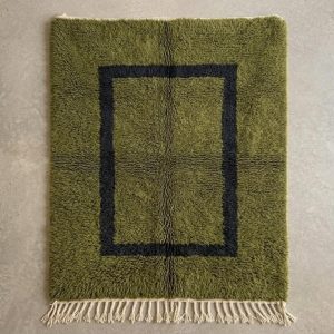 Modernist Berber Olive Green Boujaad Wool Rug Minimalist Frame Design