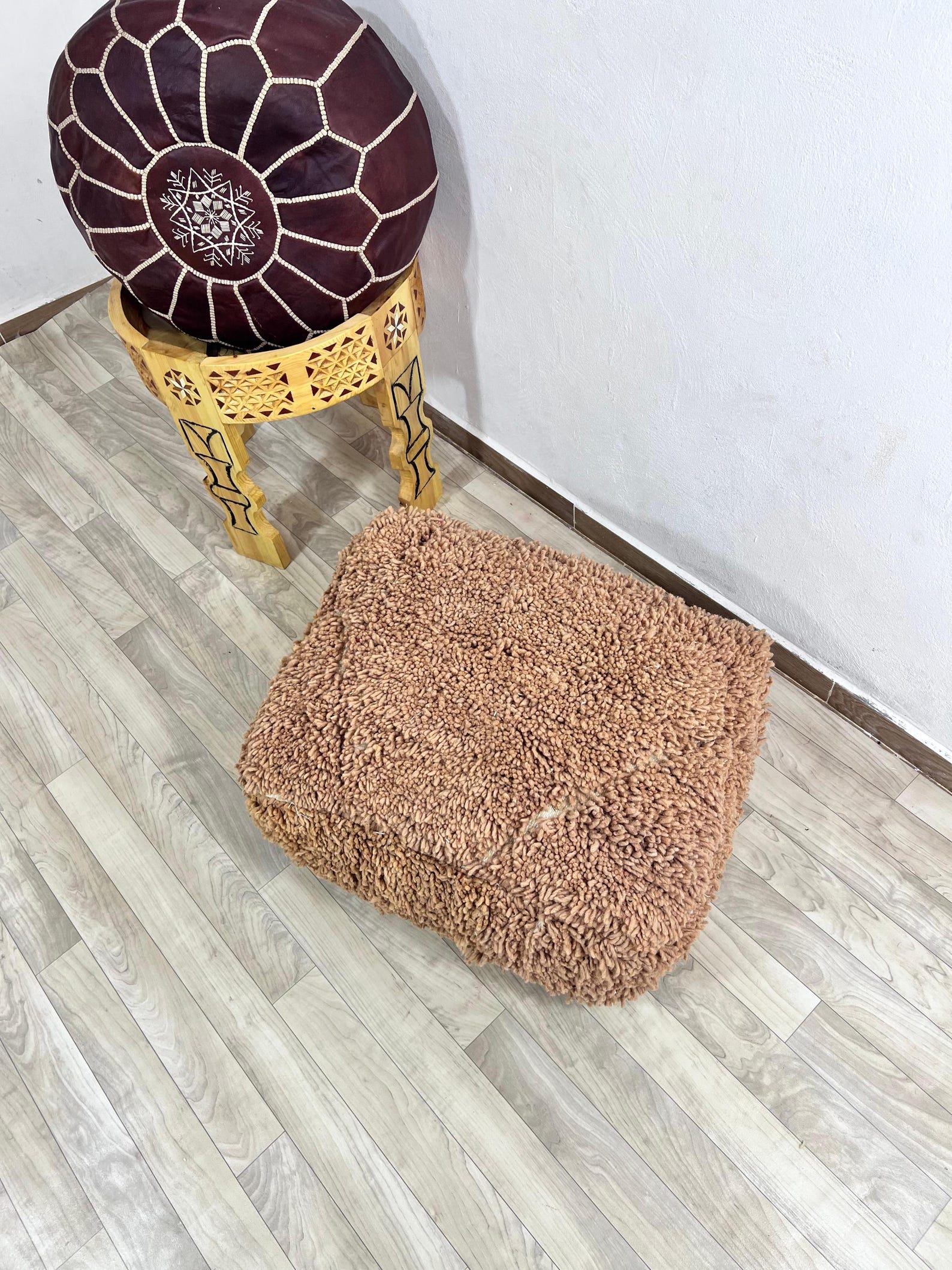 Amazigh Handwoven Berber Wool Floor Pouf with Hanbel Design