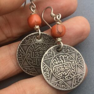 Berber Antique Coral Coin Earrings with Silver Jewelry Design