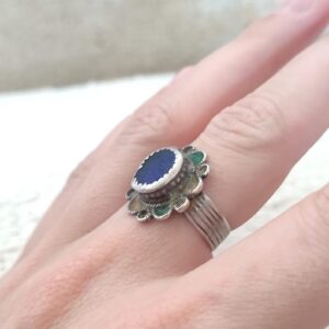 Amazigh Antique Berber Silver Ring with Blue Glass Flower Size 8