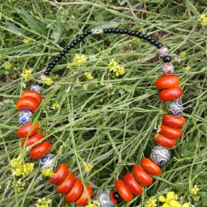 Vintage Amazigh Berber Handmade Red Bead Enameled Silver Necklace