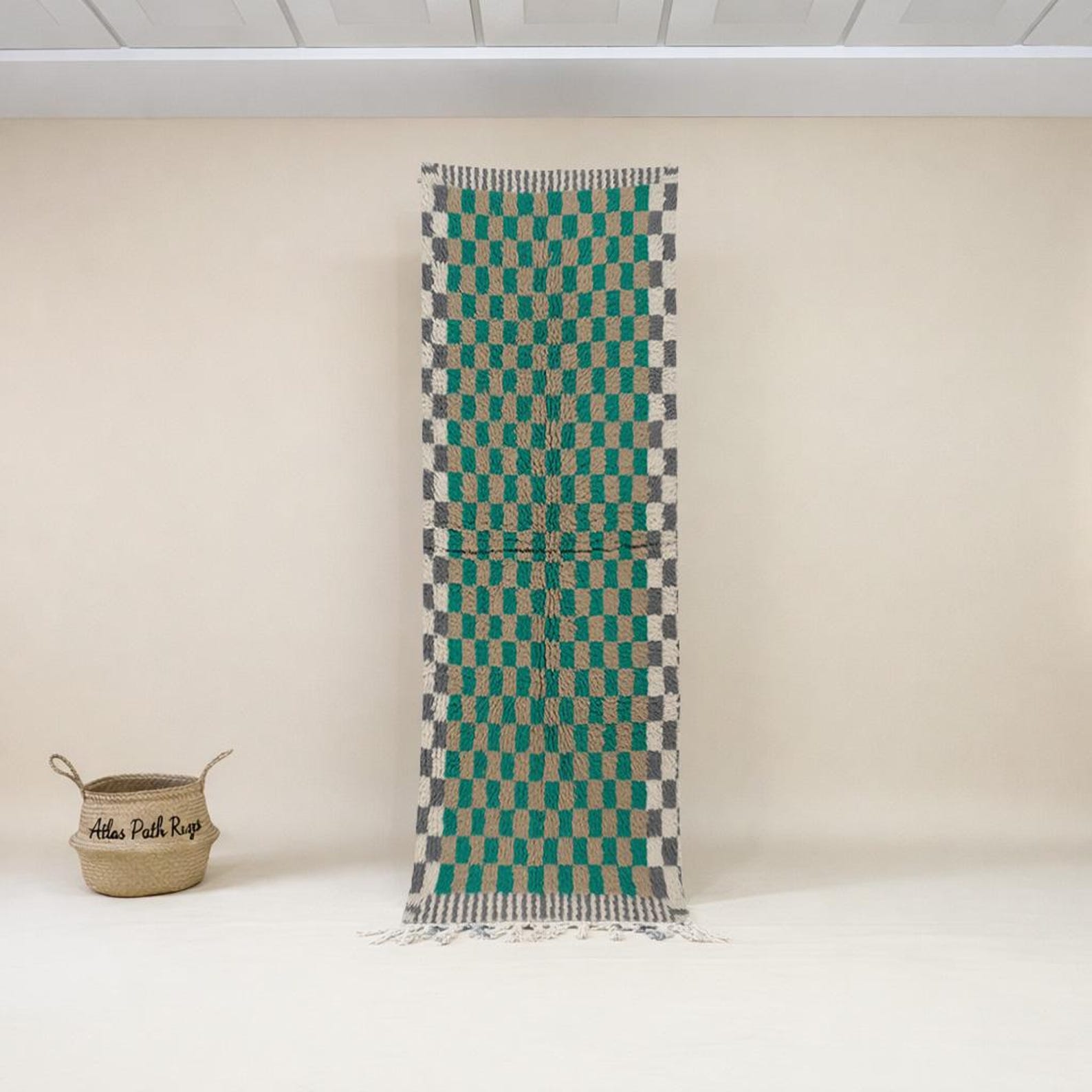 Berber Handwoven Wool Runner Rug with Green Gray Check Pattern