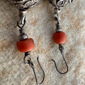 Berber Silver Earrings with Natural Coral Bead Pendants