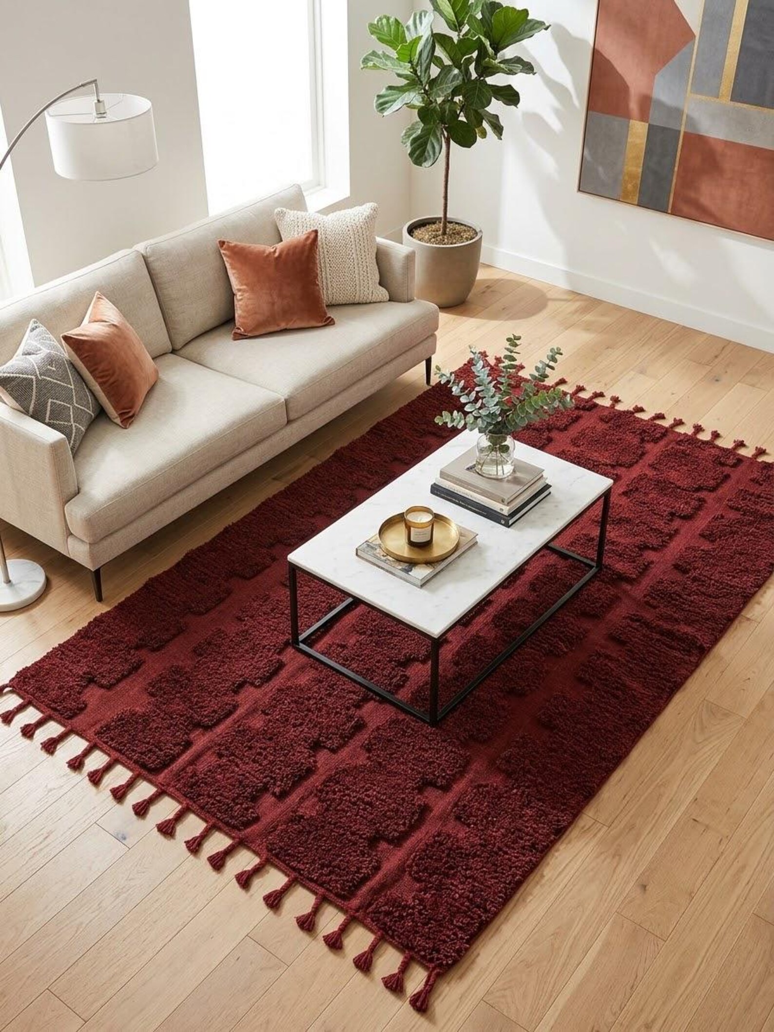 Berber Burgundy Beni Ourain Textured Wool Geometric Rug