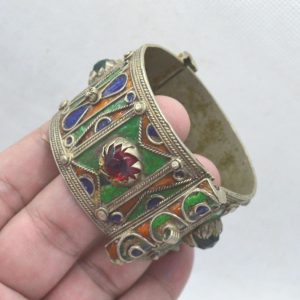 Berber Amazigh Enamel Cuff Bracelet with Red Cabochon Accents Pin Closure