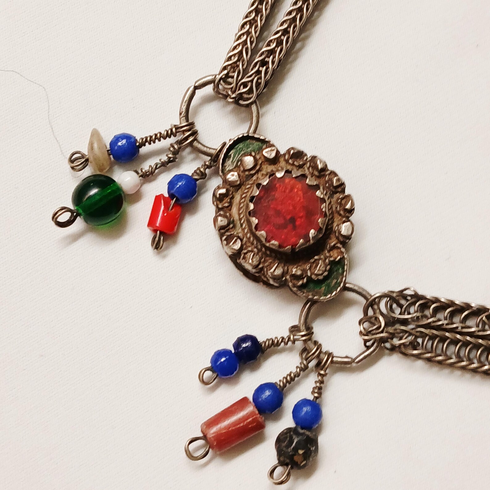 Antique Berber Tizerzai Silver Fibula with Coral Detail Jewelry