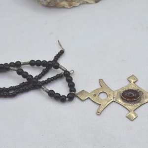 Berber Tuareg Cross Necklace with Carnelian Stone and Black Beads