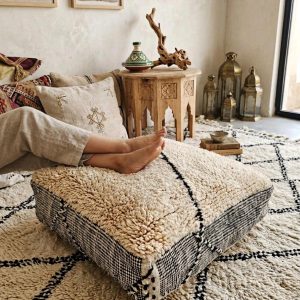 Berber Wool Cotton Pouf Ottoman Floor Accent Black Cream