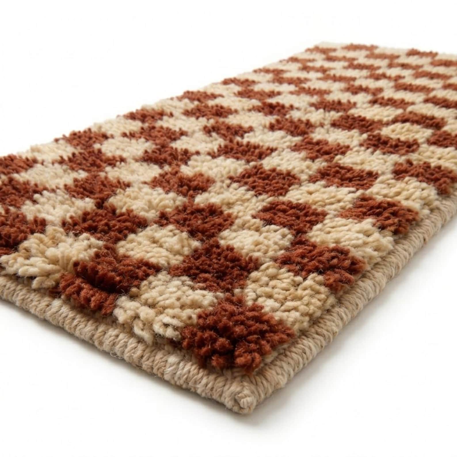 Handwoven Berber Wool Stair Tread Rug Rust Cream Checkerboard
