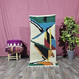 Berber Handmade Beige Colorful Geometric Wool Runner Rug