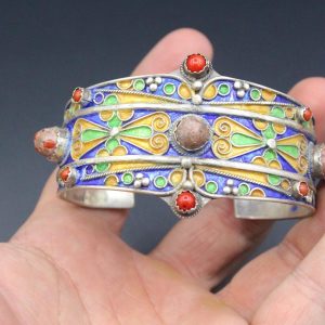 Berber Tuareg Sterling Coral Enamel Cuff Bracelet Jewelry