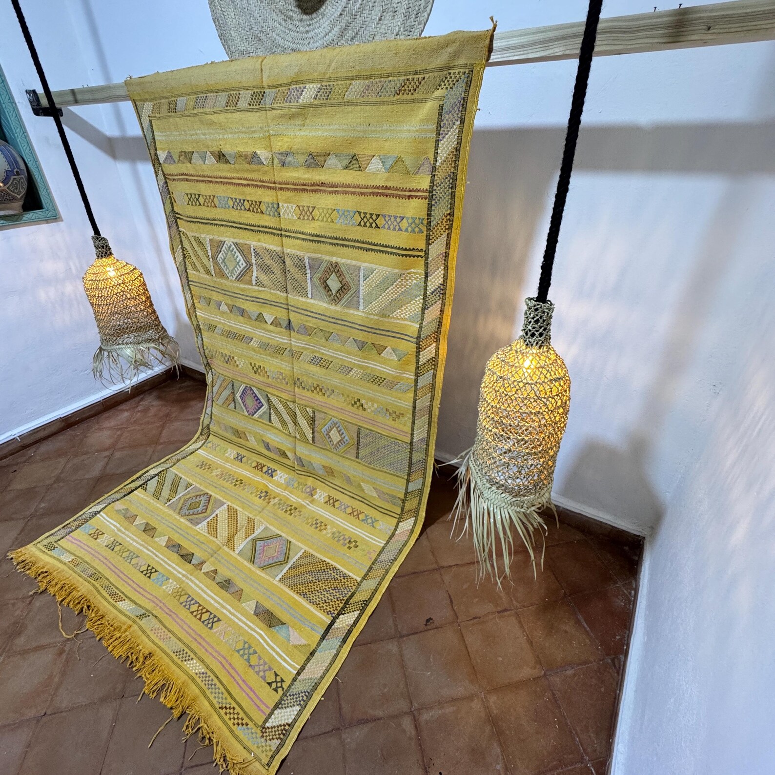 Amazigh Berber Yellow Sabra Kilim Rug with Diamond Motifs