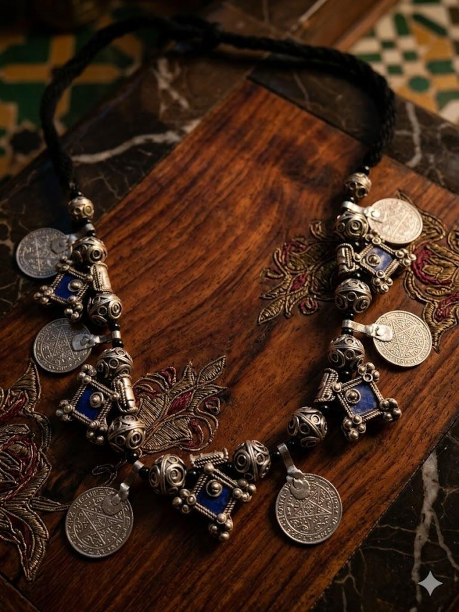 Vintage Amazigh Berber Enameled Cross Pendant Coin Charm Necklace
