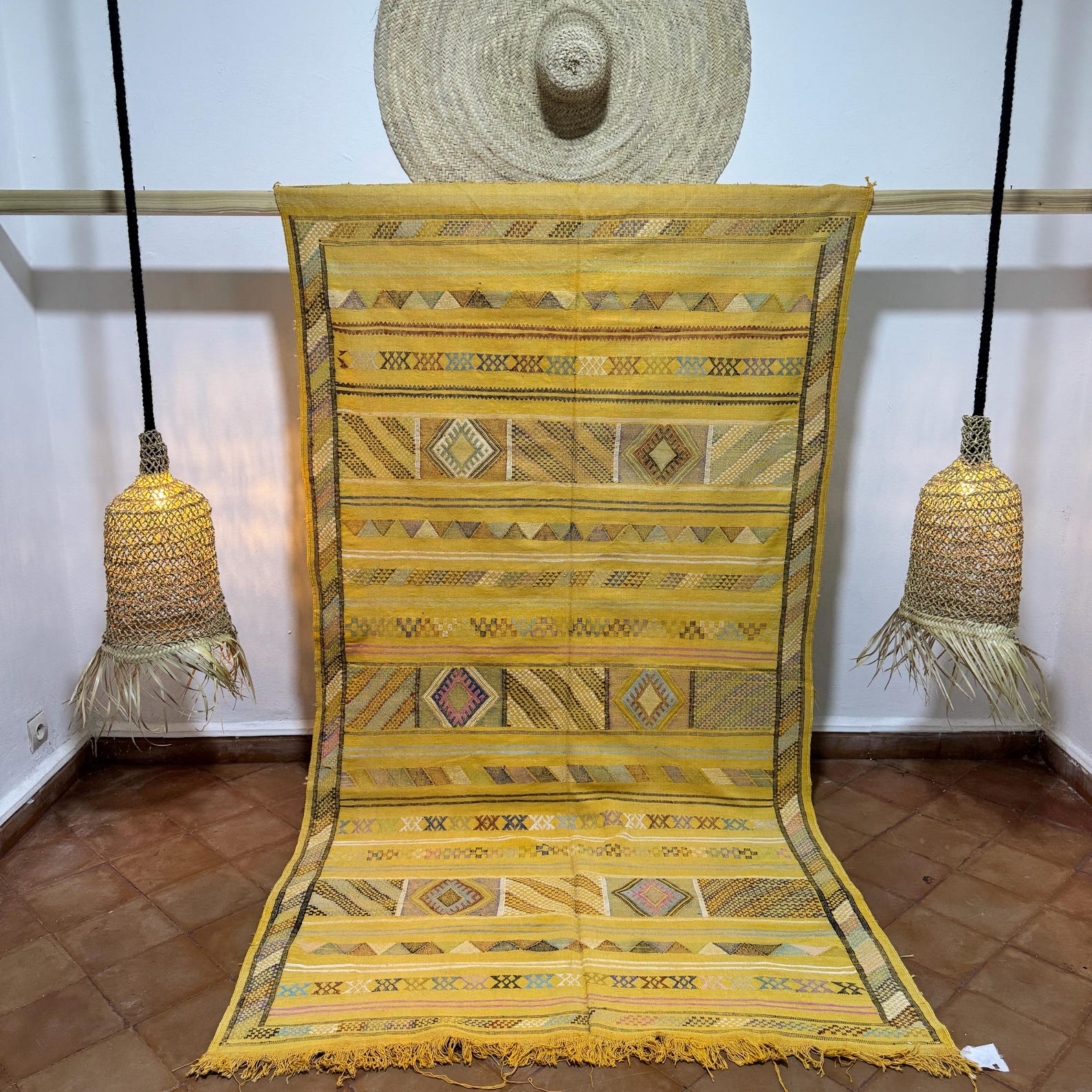 Amazigh Berber Yellow Sabra Kilim Rug with Diamond Motifs
