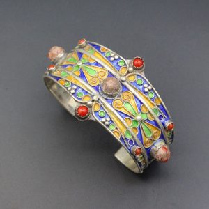 Berber Tuareg Sterling Coral Enamel Cuff Bracelet Jewelry