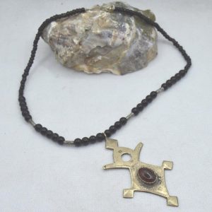 Berber Tuareg Cross Necklace with Carnelian Stone and Black Beads