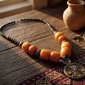 Berber Pendant Necklace with Orange Beads and Enamel Medallion