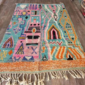 Berber Beni Ourain Hand Knotted Colorful Turquoise Wool Rug