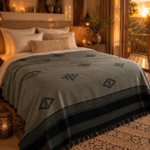 Amazigh Sage Gray Handwoven Cotton Blanket Bedspread Custom Size