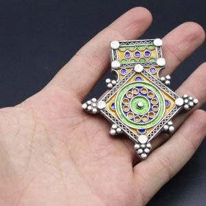 Berber Tuareg Sterling Silver Pendant with Colorful Enamel Design